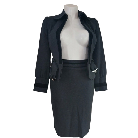 Zara Black Wool Blend Skirt Suit Belted Jacket Velvet Trim Sz Small - Picture 9 of 10